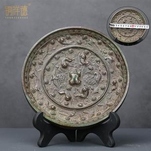 汉唐铜镜黑漆古圆形铭文五兽图案海兽复古铜镜家居摆件鉴赏收藏