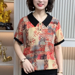 洋氣娃娃領(lǐng)短袖 夏季 新款 時尚 女 T恤印花寬松顯瘦減齡休閑媽媽小衫
