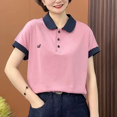 夏季新款时尚洋气翻领短袖T恤拼接刺绣显瘦减龄休闲百搭气质上衣