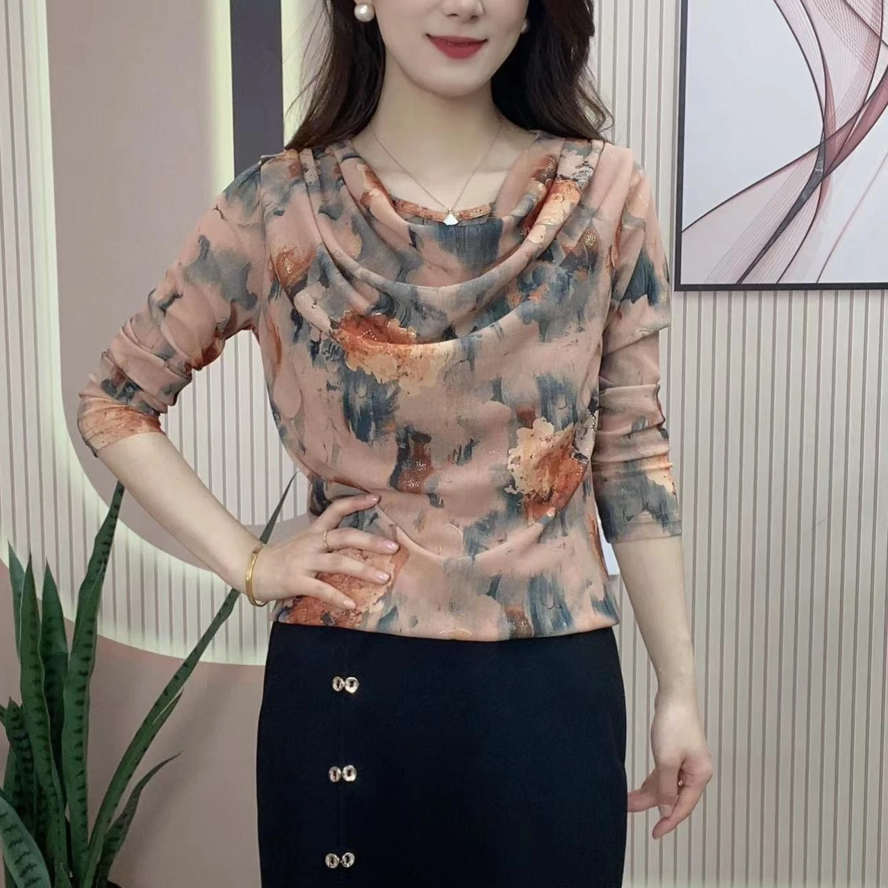 新款时尚堆堆领小花衫气质百搭显瘦修身长袖弹力网纱洋气上衣女