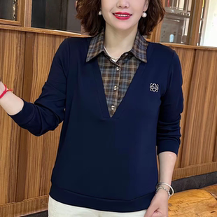 洋气长袖 时尚 显瘦减龄假两件格子拼接翻领休闲百搭上衣女 新款 秋季