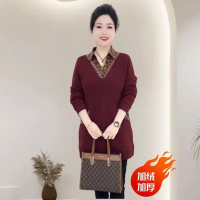 冬季款时尚休闲半大款加厚加绒暖百搭韩款宽松拼接长袖长款卫衣女