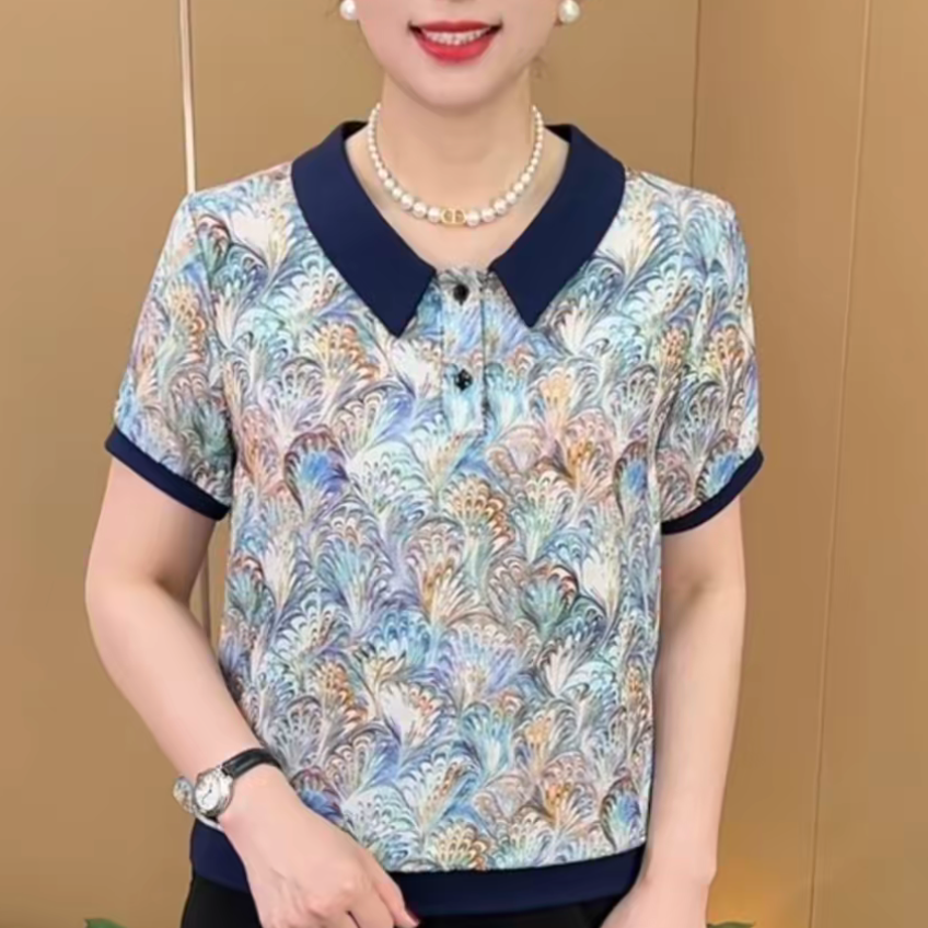 夏季新款娃娃领羽毛印花气质短袖气质百搭显瘦减龄宽松洋气上衣女