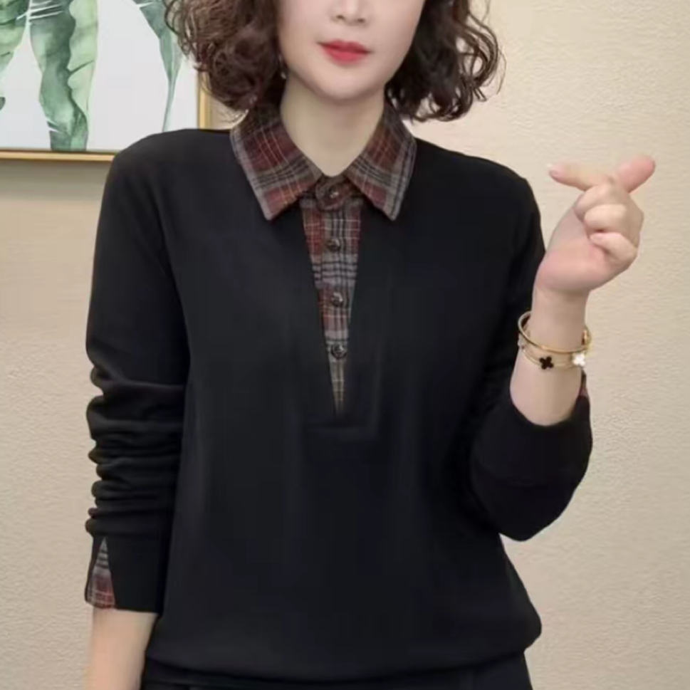 冬季新款双面绒假两件拼接卫衣时尚洋气格子休闲衬衫领打底衫上衣