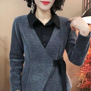 新款 百搭打底衫 时尚 显瘦减龄设计感翻领拼接修身 上衣 加厚衬衫 秋季