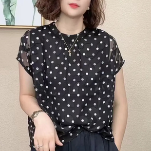 夏季新款时尚洋气圆领波点短袖衬衫印花显瘦减龄休闲百搭气质上衣