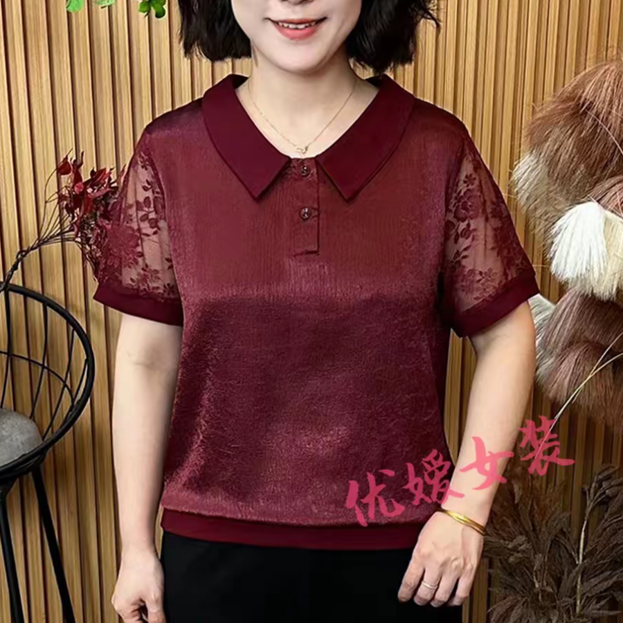 夏季新款娃娃领提花短袖气质百搭显瘦减龄纯色妈妈拼接蕾丝上衣女