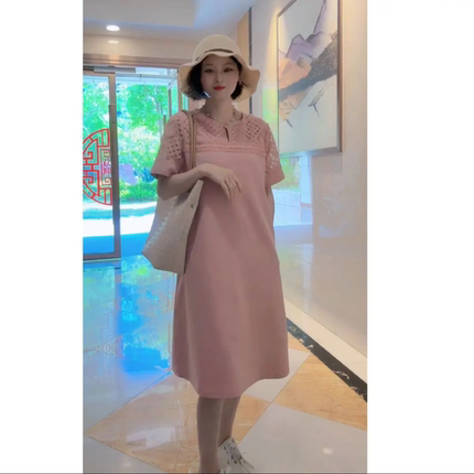 夏季新款时尚洋气圆领蕾丝拼接T恤裙宽松显瘦减龄休闲百搭连衣裙