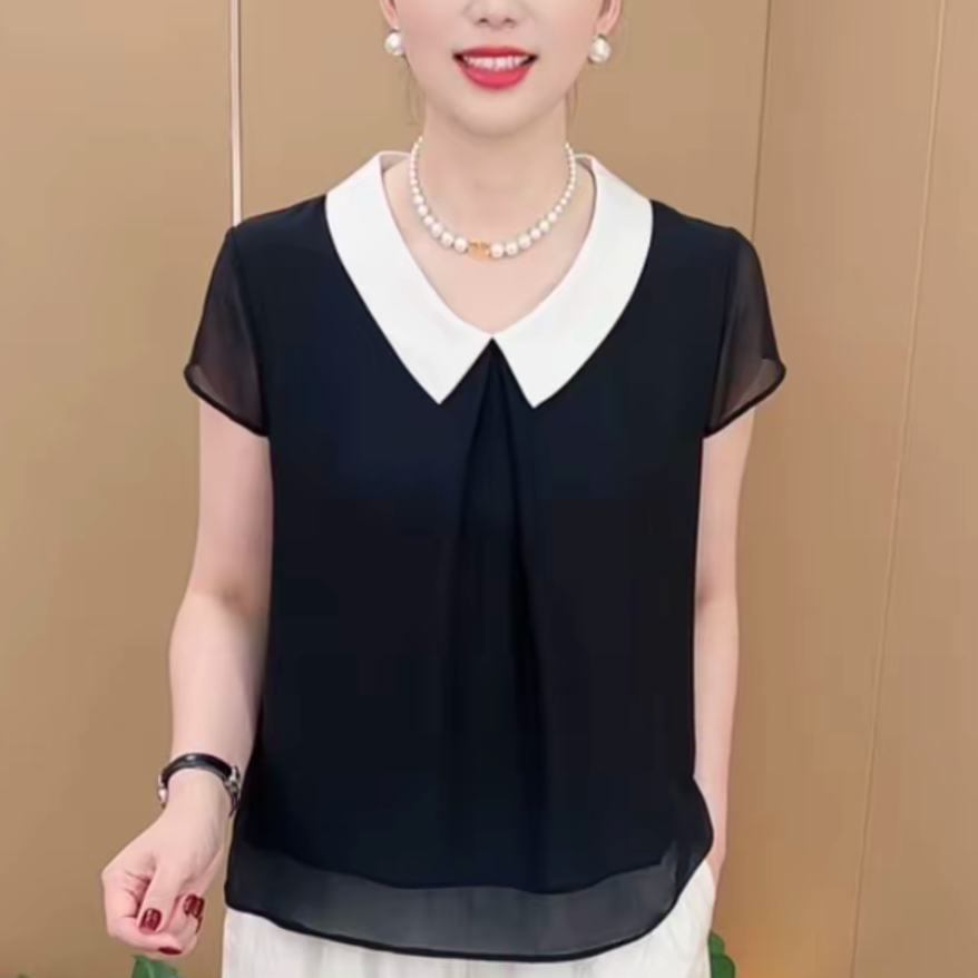 夏季新款时尚洋气娃娃领拼接纯色短袖法式减龄休闲气质设计感衬衫