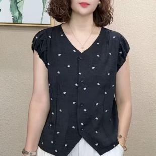 新款 法式 时尚 衬衫 减龄休闲提花上衣 洋气V领花朵印花气质短袖 夏季