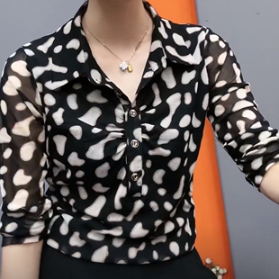 春季 翻领衬衫 气质百搭显瘦减龄弹力网纱套头纽扣衬衫 上衣女 新款