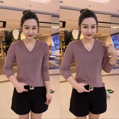 春季新款V领满钻设计感打底衫纯色优雅气质女人味网纱洋气上衣女