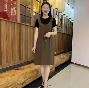 夏季 气质连衣裙收腰显瘦百搭假两件中长裙单排扣气质高腰裙 新款