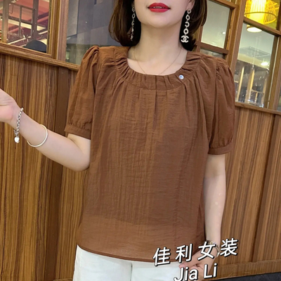 夏季新款小众抽褶泡泡袖减龄小衫上衣纯色减龄设计感宽松套头短袖