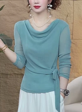 春秋新款时尚洋气堆堆领长袖T恤百搭显瘦减龄网纱纯色系绳上衣女