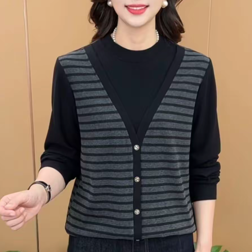 秋季新款时尚假两件条纹洋气打底衫显瘦减龄设计感拼接百搭上衣女
