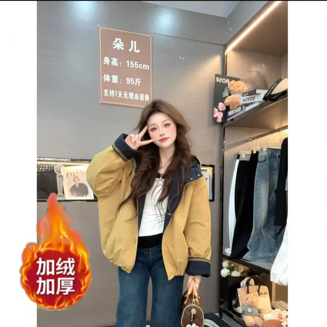 冬季新款加绒加厚保暖连帽棉服