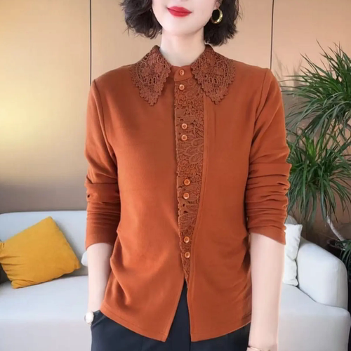 冬季新款时尚百搭蕾丝拼接宽松显瘦双面澳绒保暖打底休闲衬衫上衣