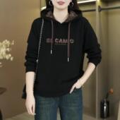 冬季 新款 连帽加绒加厚卫衣气质百搭显瘦减龄设计感豹纹拼接上衣女