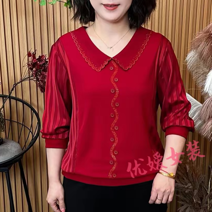 春季新款时尚娃娃花边领纯色显瘦烫钻长袖上衣气质妈妈拼接小衫女