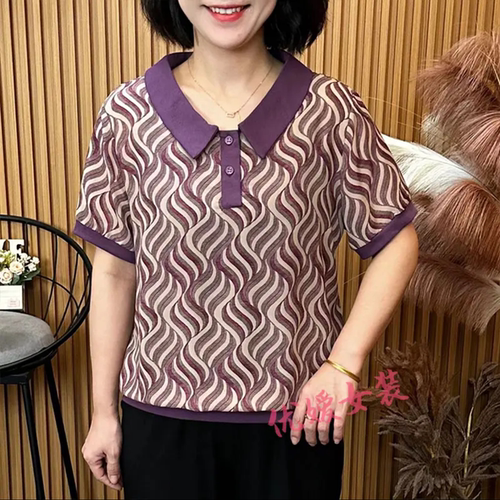 夏季新款时尚妈妈翻领撞色波浪短袖衬衫洋气拼接气质宽松减龄小衫