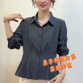 秋季 宽松翻领休闲气质上衣女 显瘦减龄设计感收腰长袖 新款 格子衬衫