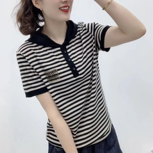 夏季新款时尚洋气连帽短袖T恤条纹宽松显瘦减龄休闲百搭纯色上衣