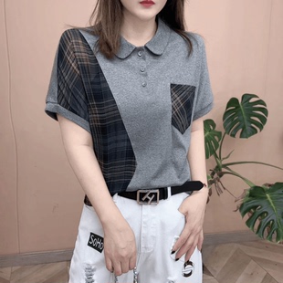新款 时尚 夏季 格子拼接polo衫 显瘦短袖 T恤百搭洋气女上衣休闲小衫