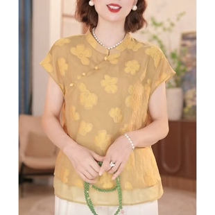 新款 印花显瘦减龄百搭气质新中式 时尚 衬衫 上衣女 洋气立领短袖 夏季