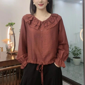 女 花边领上衣宽松显瘦气质纯色减龄妈妈洋气休闲翻领衬衫 秋季 新款