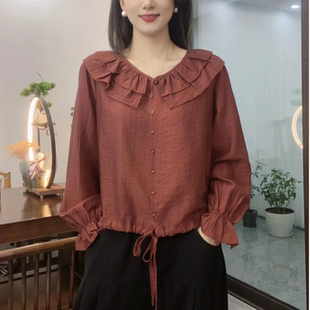 秋季 女 新款 花边领上衣宽松显瘦气质纯色减龄妈妈洋气休闲翻领衬衫