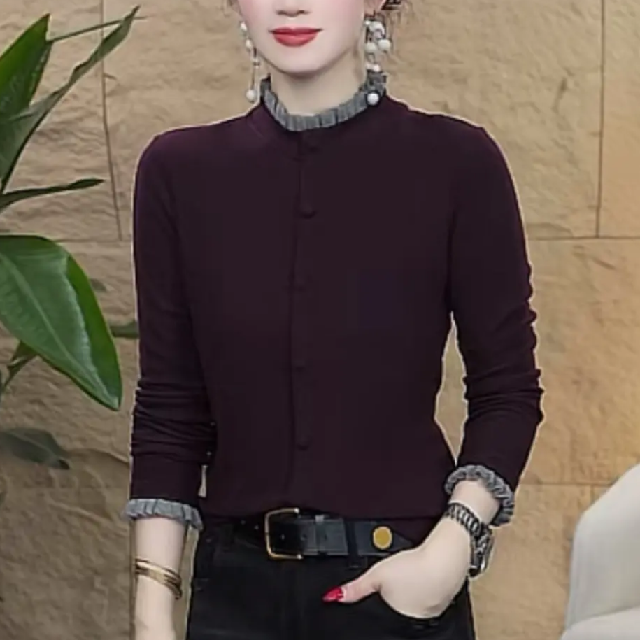 冬季新款双面绒打底衫气质百搭显瘦纯色木耳领拼接设计感保暖上衣