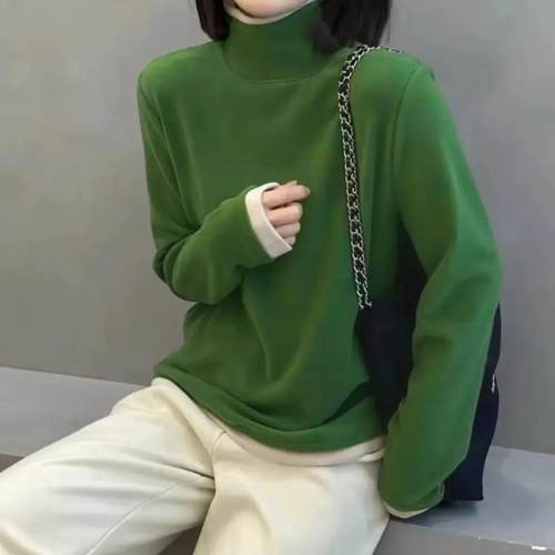 秋冬季新品时尚百搭修身显瘦加绒加厚纯色打底女士上衣保暖小衫