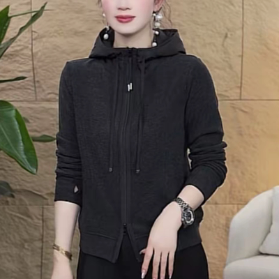 冬季新款连帽双面绒长袖卫衣气质百搭显瘦纯色拼色休闲开衫外套女