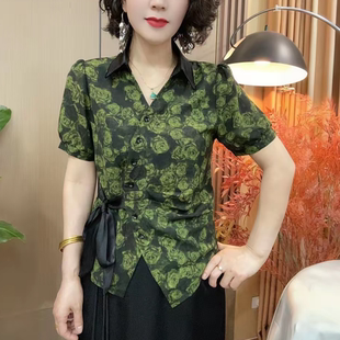 新款短袖花朵印花衬衣气质打底百搭显瘦开衫翻领系绳中式国风衬衫