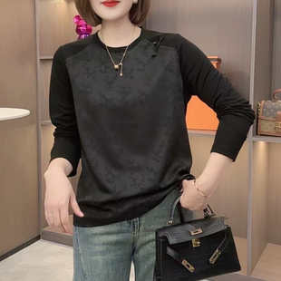 T恤新中式 秋季 洋气长袖 时尚 提花设计感拼接百搭国风打底上衣 新款