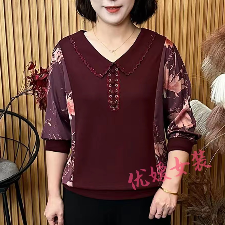 秋季新款时尚纯色显瘦娃娃领烫钻袖子拼接国风长袖上衣气质小衫女