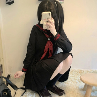 正品jk制服纯黑色赤红三本水手服基础款日系中间服不良班服套装女