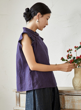 布小匠原创设计桑蚕丝紫色龟纹香云纱上衣女夏季中式高级感衬衫