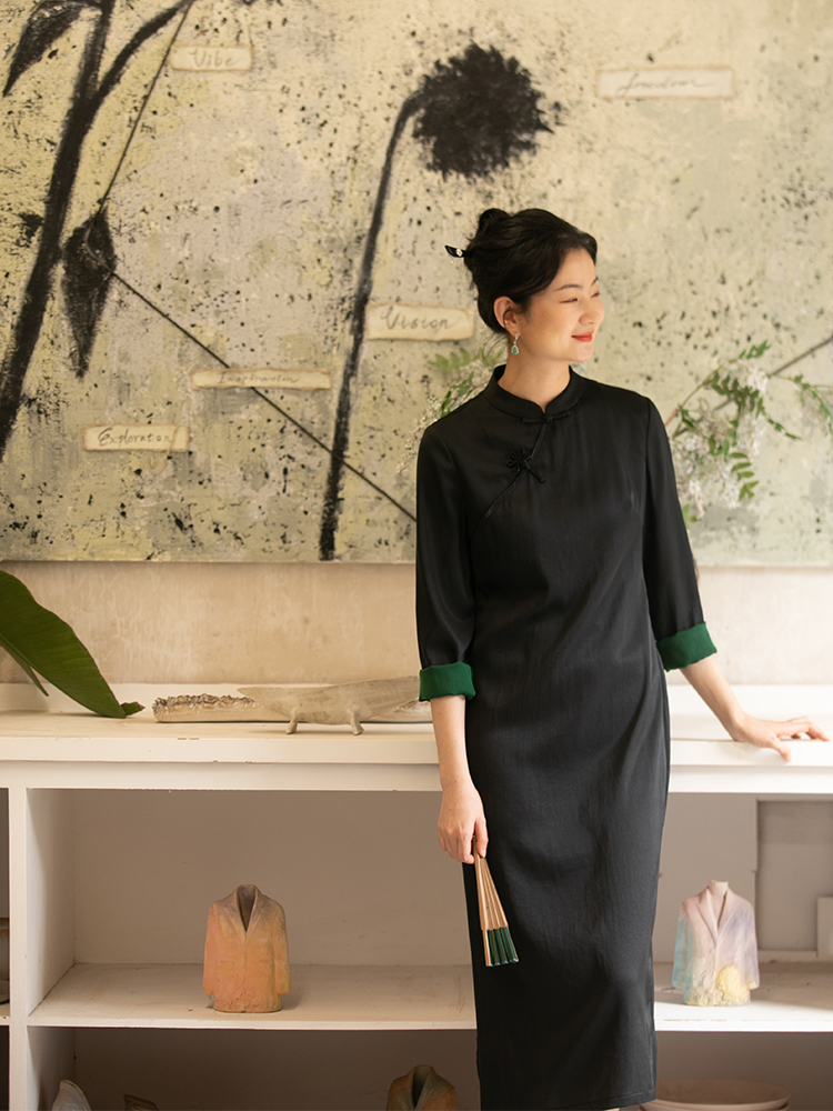 布小匠原创设计春季新款桑蚕丝香云纱改良旗袍新中式长袖连衣裙女