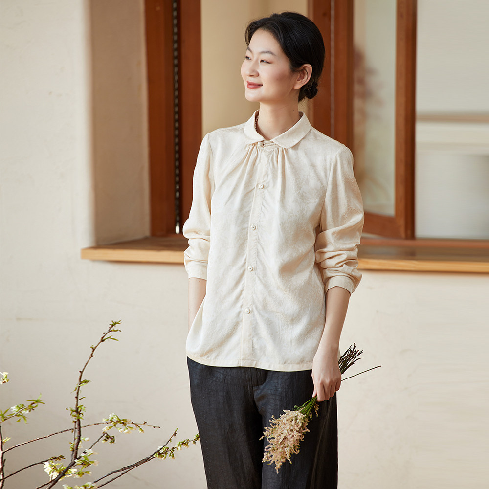 限量-布小匠人丝提花玫瑰纤维翻领白衬衫2025春季中式气质衬衣,女装/女士精品,衬衫,淘宝优惠券,粉丝福利购,淘宝优惠卷