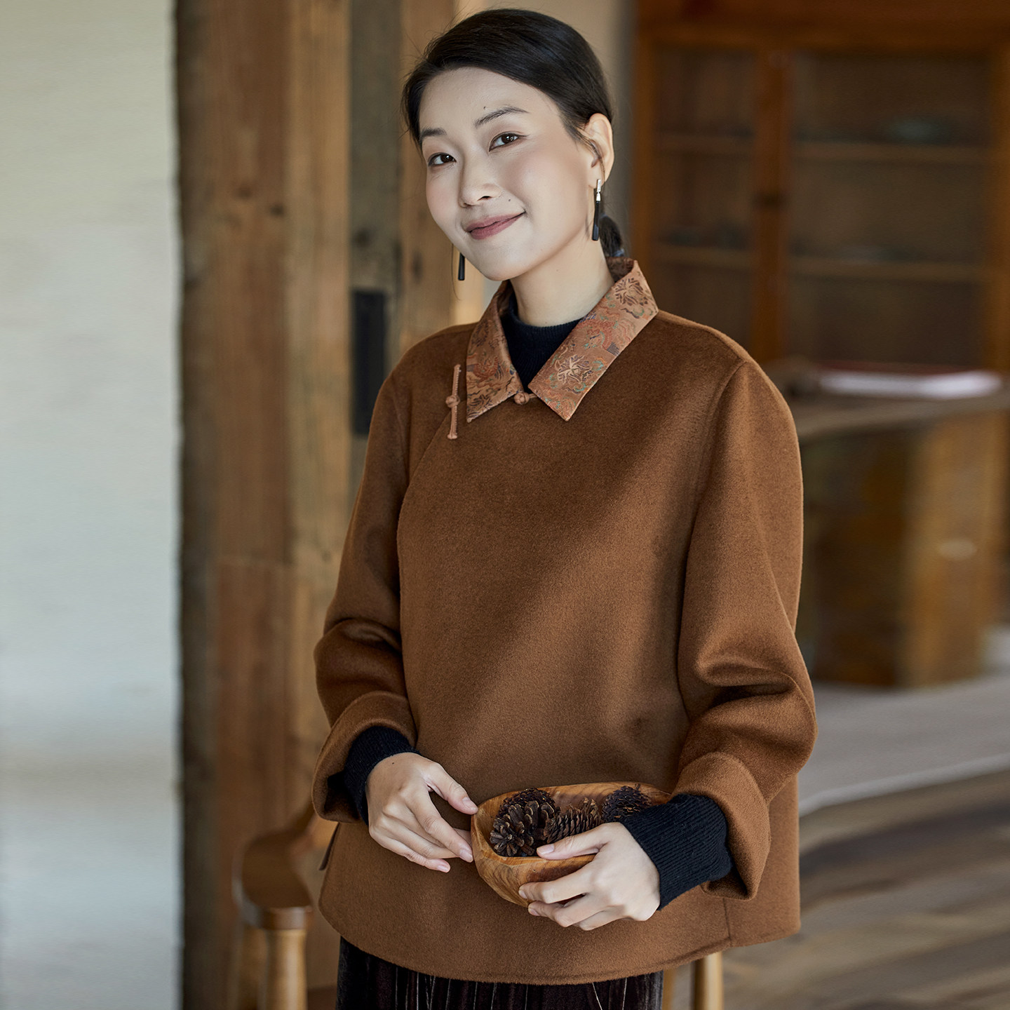 布小匠原创设计双面呢羊毛翻领毛呢外套女2026新款国风新中式上衣,女装/女士精品,短外套,淘宝优惠券,粉丝福利购,淘宝优惠卷