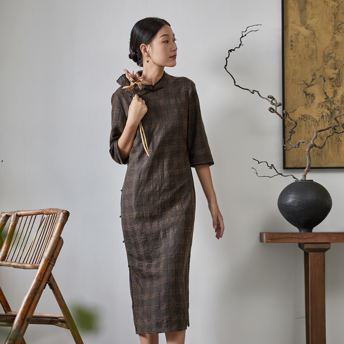 布小匠丝麻提花格子花边改良旗袍