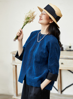 布小匠原创设计新款桑蚕丝香云纱龟纹上衣女款新中式国风蓝色衬衫