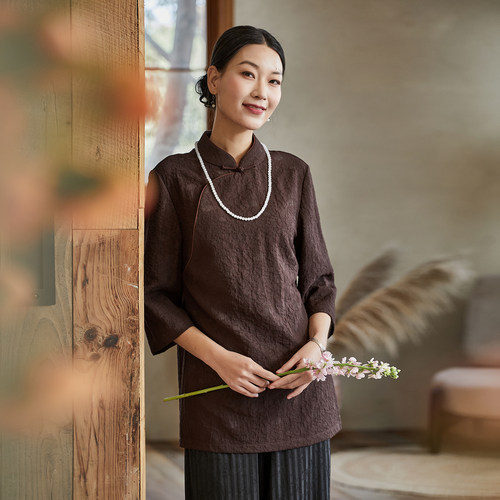 布小匠人丝泡泡提花中式女衬衫