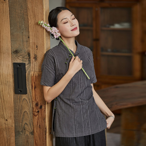 布小匠纯棉提花中式复古衬衫女
