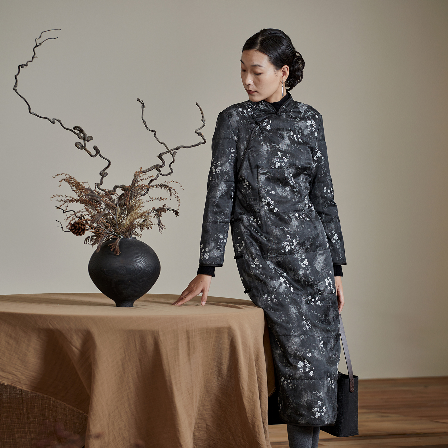 新中式国风提花夹棉旗袍连衣裙