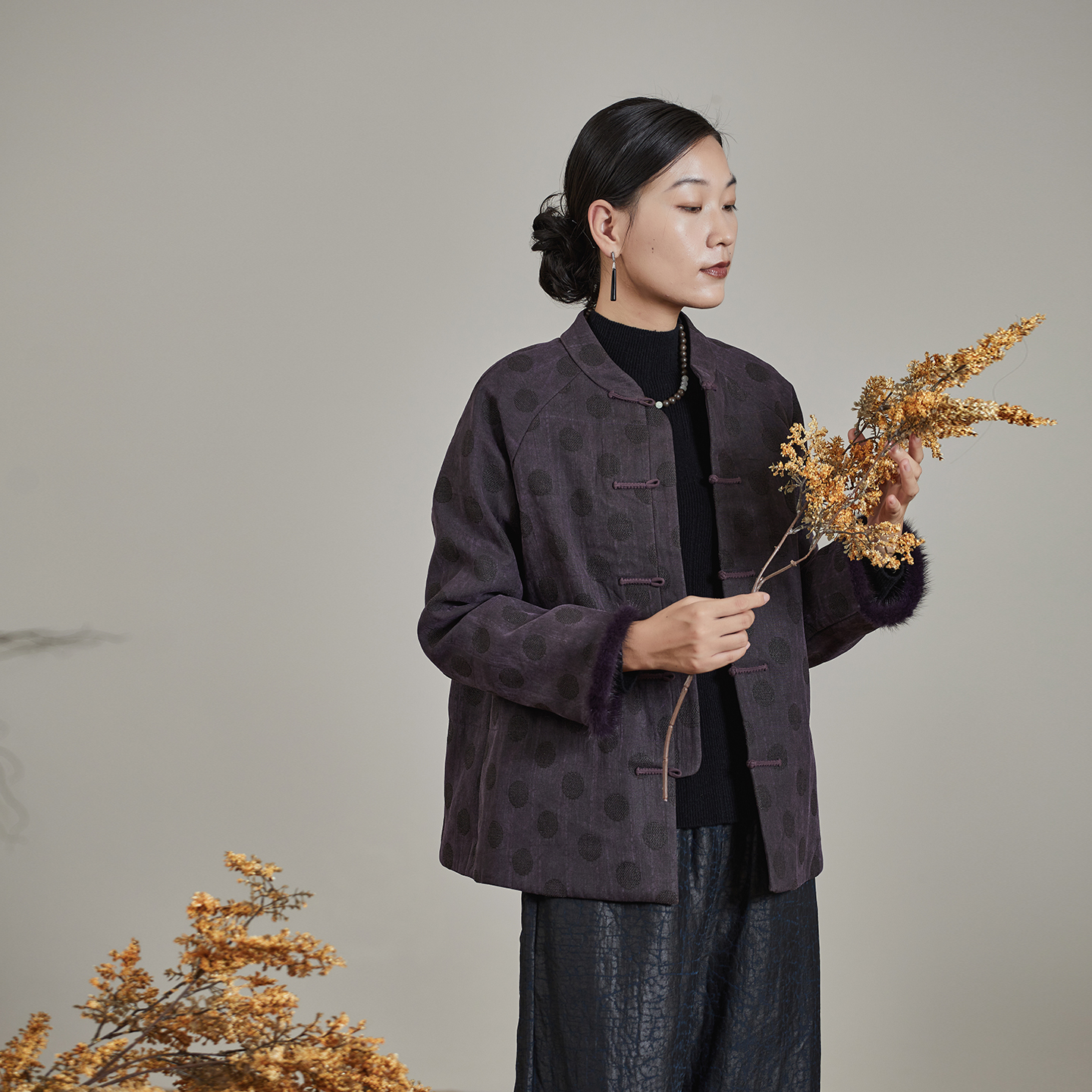 布小匠波点香云纱夹棉外套女