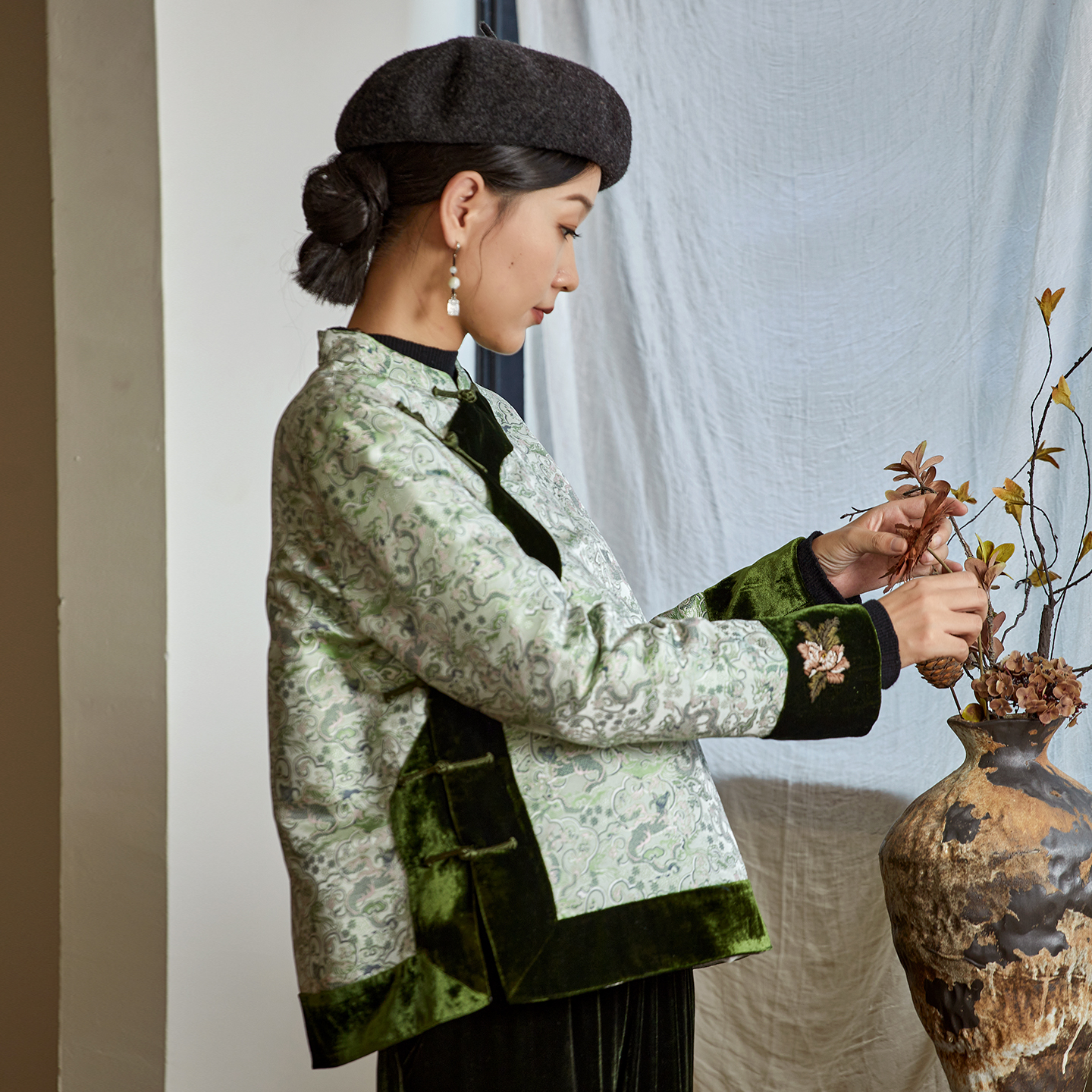 布小匠桑蚕丝绣花宋锦旗袍上衣