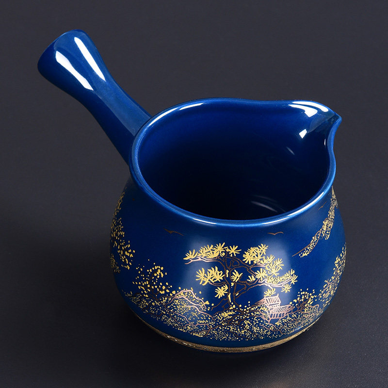 速发青花堆金侧把公道杯 家用高端青花霁蓝茶海分茶器公道杯均茶